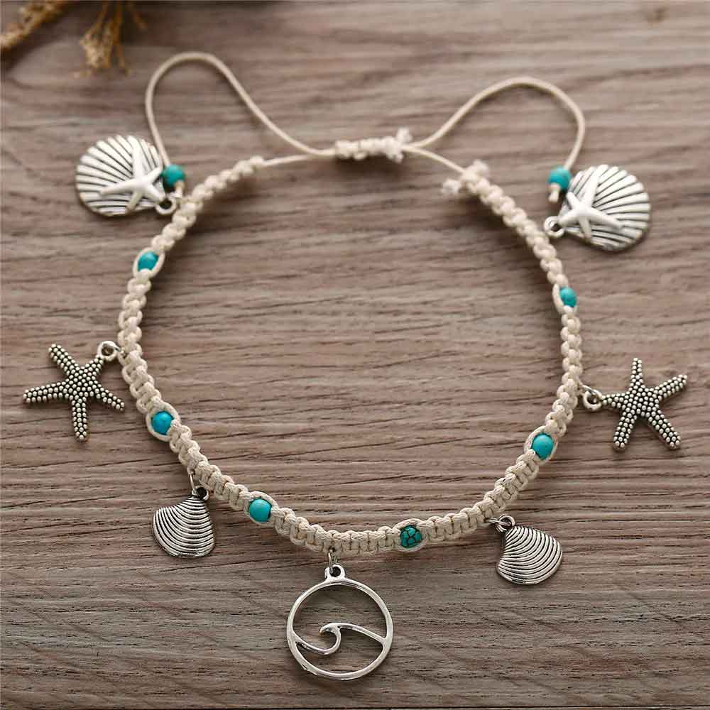 Woven Wave Anklet With Beach Charms 